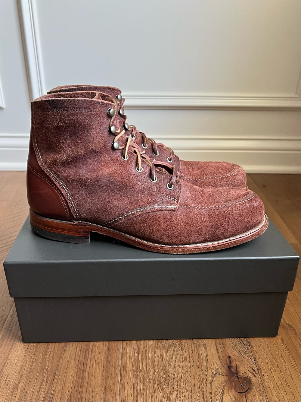 Wolverine 1000 Mile Men's Brown Suede Moc Toe Brown Chestnut Maroon